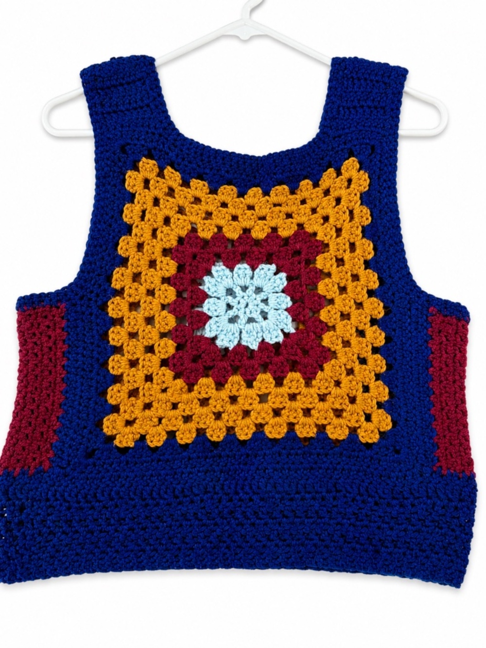 Handmade Crochet Granny Square Sweater Vest Boho Colorblock Knit Top Blue